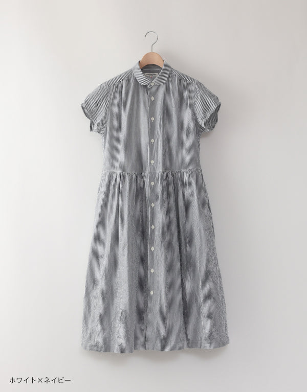 Seersucker short-sleeved gathered shirt dress